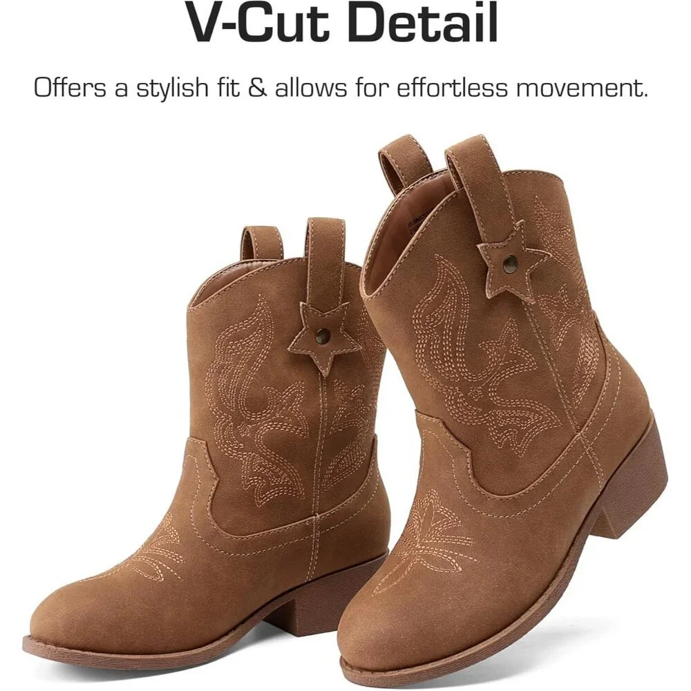 ⚡Girls Camel Cowgirl Boots With Low Heel Western Embroidered Fashion Mid Calf